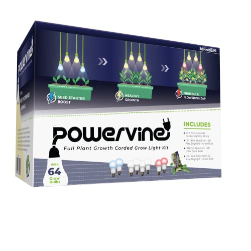 Miracle Led Powervine Seed To Flower Indoor Grow Light Kit - Includes 2 Blue, 4 Full, 2 Red Spectrum 150W Replacement Grow Light Bulbs & 1 4-Socket Corded Fixture (8-Pack) #TOP27