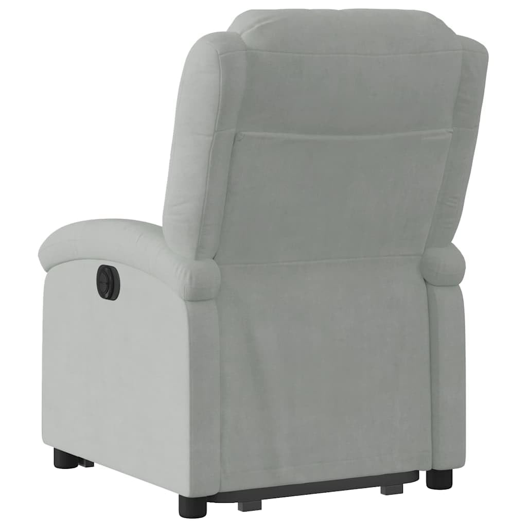 Sillón elevador reclinable gris claro de terciopelo con motor eléctrico y función manual para elevación e inclinación hasta 135 grados, estructura estable de madera