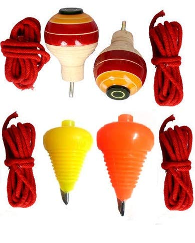 Wooden & Plastic Spinning Lattu I with Thread I Bhawra I Latto I Bambaram I Traditional Indian Game I Outdoor Games I Fun & Therapeutic I Toys for Kids & Adults I Pack of 4 Pcs