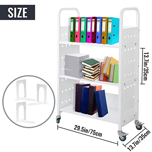 Hasopy 200LBS Library Book Cart, Single Sided L-Shaped Rolling Book Cart with 4 Lockable Wheels for Home Shelves Office School Book Truck White(49.2\'\'x29.5\'\'x13.8\'\')