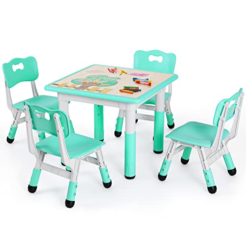 Auag Kids Table And 4 Chairs Set, Height Adjustable Toddler Study Table And Chair Set For Age 2-10, Multi-Activity Art Table W/Graffiti&Scrubtable Desktop, For Daycare, Classroom, Home (Mint Blue) #TOP1