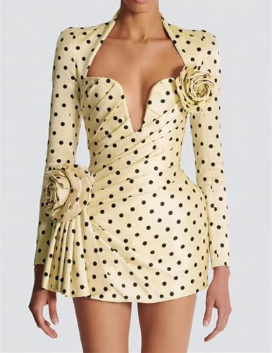 Women Polka Dot Print Spliced Appliques Dresses V Neck Long Sleeve High Waist Bodycon Dress2