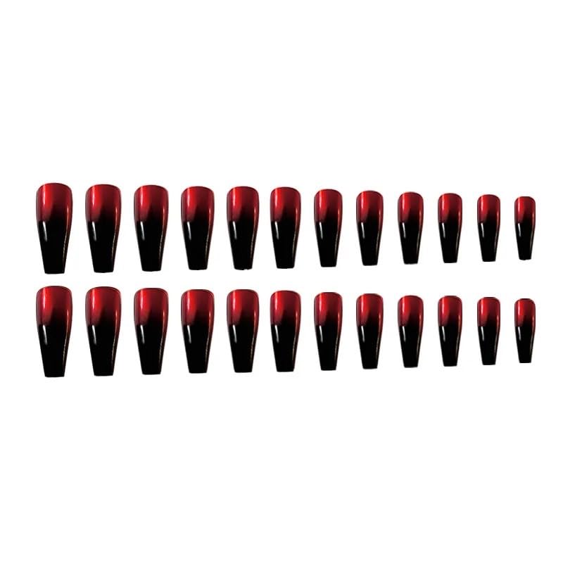 CherryBox 24 long Coffin press on nails Red Black Gradient fake nails Acrylic False Nails for Women and Girls (Jelly Glue Adhesive Tabs and Glue Included)-image-33