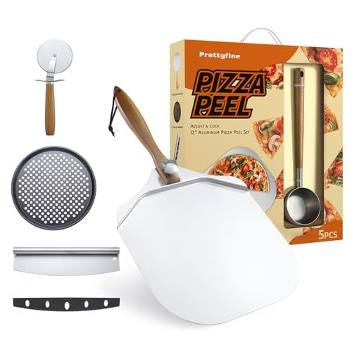 5 PCS 12 inch Aluminum Pizza Turing Peel Set, Metal Pizza Spatula with Foldable Wood Handle, Sauce Spoon & Pizza Rocker Cutter, Perfect set for Pizza Baking, Dough, Bread & Pastry, Giftbox packing.