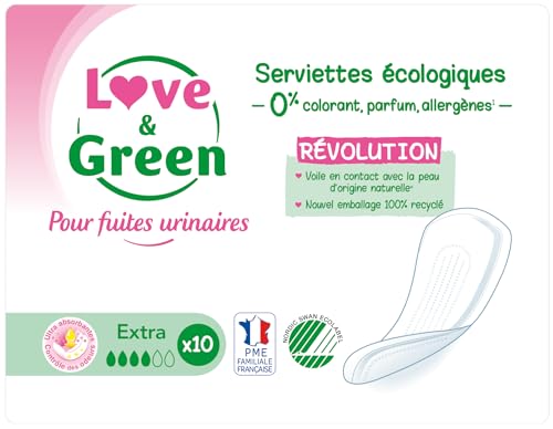 Love & Green - Serviettes Incontinence/Fuites urinaires - Protections écologiques absorbantes pour fuites urinaires légères à modérées - EXTRA/SUPER - Lot de 2 X 10 serviettes (20 unités)
