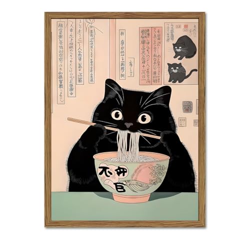 Funny Japanese kitchen Black Cat Wall Art, Whimsical Cat Eating