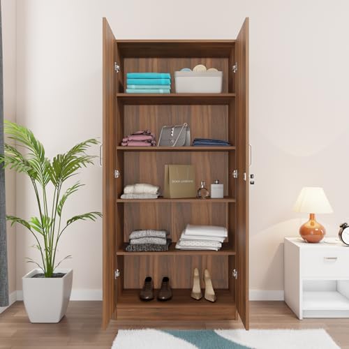 Image of VIKI Wardrobe | Shirakawa Wardrobe | Wooden Almirah for 2 Door Wardrobe with 4 Shelves with Mirror (Brussel Walnut - 40D x 80W x 180.8H) | 1 Year Warranty | Free Assembly