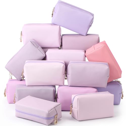 Kigeli 15 Pcs Aesthetic Makeup Bags PU Leather Cosmetic Pouches Waterproof Plain Toiletry Bags Makeup Pouches Bulk for Women Party Gift Travel Storage Organizer(Pink Series)