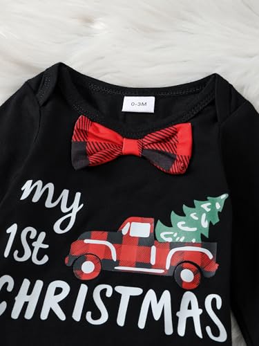 AMAWMW Newborn Baby Boy First Christmas Outfit My 1st Christmas Romper Red Plaid Pants Hat 3Pcs Clothes, Beige, 0-3Months - image 5