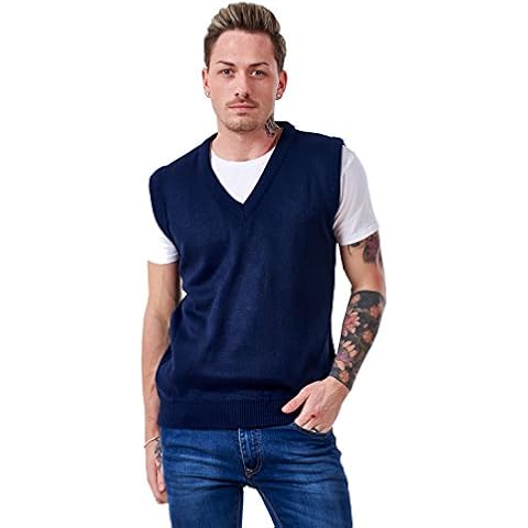 Bay eCom UK Men’s Plain Knitted V Neck Classic Sleeveless Cardigans Tops Tank Jumpers Size S to 5XL (X-Large, Navy) Cover