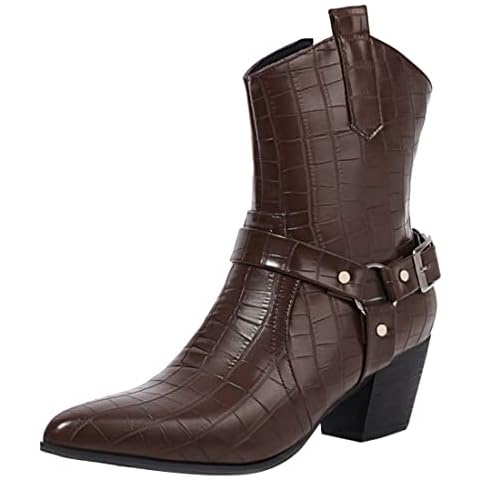 Cozivwaiy Women Chunky Heel Cowboy Boots Ankle High Pointed Toe Western Boots Zipper Stone Pattern Plus Size Brown Size 45 Asian Cover
