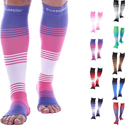Doc Miller Open Toe Compression Socks â€“ 1 Pair Compression Socks Women & Men 20-30mmHg Support Stockings Airplane Travel DVT Shin Splints Varicose Veins Legging Medical Grade Nurses (Pink.Violet.White, L)