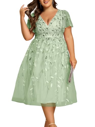 Image of Ever-Pretty Womens Embroidered Tulle Plus Size Cocktail Evening Party Dress A-Line Midi Wedding Guest Dresses for Curvy Women