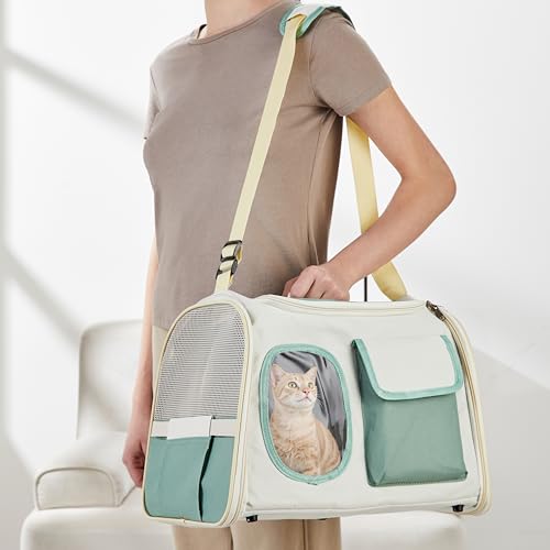Image of Amazon Basics Premium Pet Carrier Backpack | White- Sage Green | Spacious and Breathable Design | Durable Travel Bag for Cats, Kittens and Puppies | 41cm x 26cm x 30cm