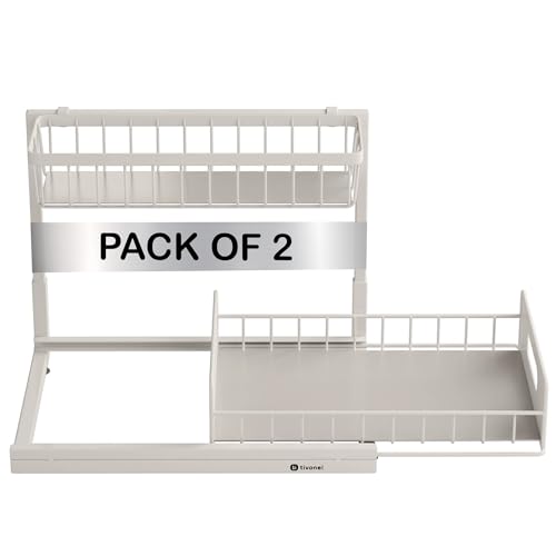 Organizador de 2 niveles para debajo del lavabo | Estante deslizante extraíble para cocina, baño o lavandería | Diseño en L, marco metálico resistente al óxido | Blanco (paquete de 2) miniatura 5