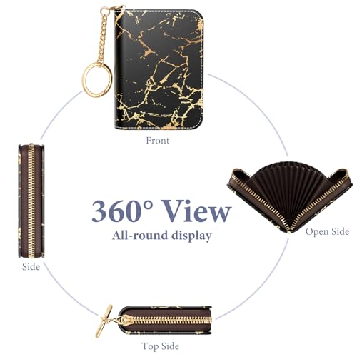 Image of Credit Card Holder RFID Wallet for Women, Small Leather Card Organizer Case with Zipper and Keychain, Black Gold Marble