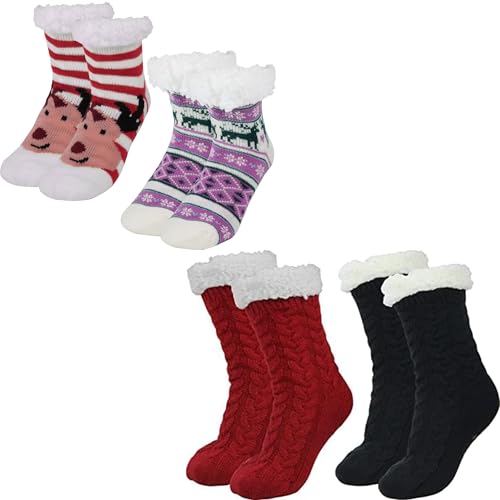 BenSorts Kids Thick Warm Slipper Socks 2 Pairs Purple Stripe Deer with 2 Pairs Black Red Christmas Slipper Socks