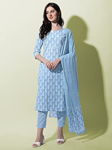 Image of MIRCHI FASHION Pure Cotton Women Straight Printed Embroidery Work Kurti Set with Dupatta and Pant