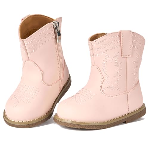 Newsonet Baby Cowgirl Cowboy Boots Western First Walker Shoes Boys Girls Round Toe Boots 6 9 12 18 24 Months Pink All Seasons Size 6-12 Months Infant