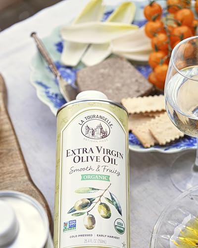 Image of La Tourangelle, Organic Extra Virgin Olive Oil, Cold-Pressed Early Harvest EVOO from Spain, Smooth & Fruity, 33.8 fl oz (1 Liter) - Spanish with Polyphenols for Cooking, Drizzling, Marinades, and Dipping