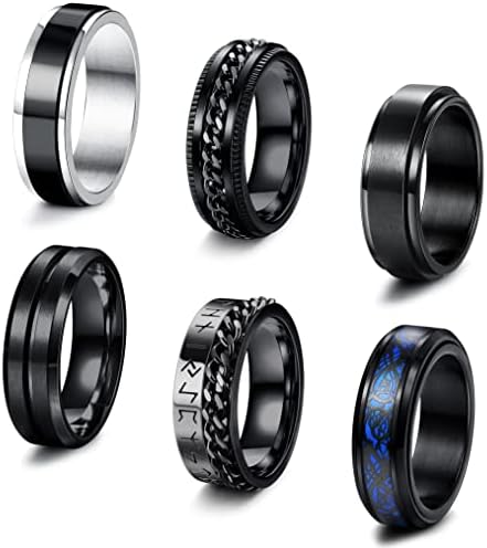 sailimue 3/4/6/8 Pcs 6/8 MM Black Fidget Spinner Rings for Men Women Stainless Steel Fidget Rings for Anxiety Stress Relieving Cool Chain Dragon Fashion Wedding Promise Band Rings Set thumbnail