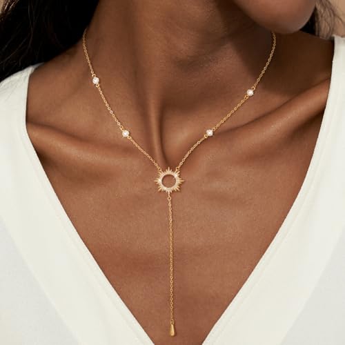 Image of CHESKY Long Necklaces for Women, 14k Gold Plated /Streling Silver Lariat Necklace Dainty Statement Prom Necklace Rosary Cross Sun Drop Pendant Dangle Necklace Gold Prom Jewelry for Women Gifts