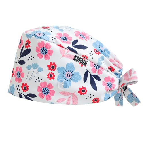 Floral Double-Sided Printed Scrub Caps for Women with Buttons, Adjustable Helps Reduce Static Buildup Medical Hats, Breathable and Comfortable Surgical Caps with Sweatband for Long Hours