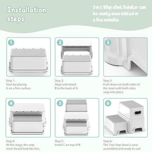 Image of Victostar 2 Step Stool for Kids, Anti-Slip Sturdy Toddler Two Step Stool for Toilet Potty Training, Bathroom,Kitchen(Grey-White)