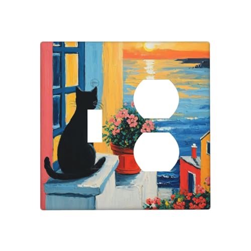 Decorative Outlet Covers Vintage Oil Painting Style Black Cat Sea Flowers 2 Gang Wall Plate Cover Single Toggle Duplex Combo Two Switch Light Switch Cover Plate Jumbo GFCI Faceplate