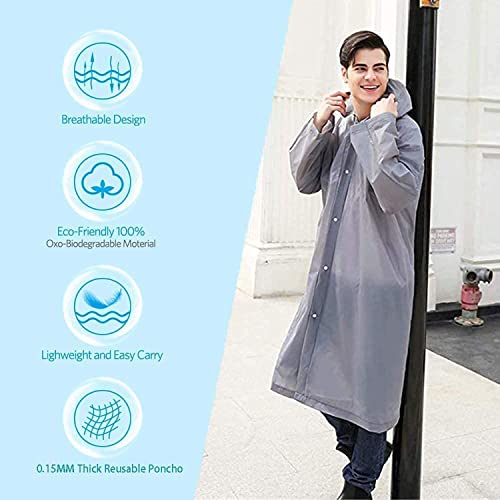 ELECDON Raincoat Rain Poncho for Adults, 1 Pack EVA Rain Poncho for Women and Men Reusable Raincoat Jacket Packable for Family Fishing/Travel/Emergency/with Hood and Elastic Sleeving (Grey), 8*12INCH