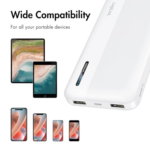 LogiLink PA0338WRF - Batería Externa (10.000 mAh, con función de Carga rápida, 2 Puertos USB-A y 1 USB-C, Compacto e Ideal para Viajes), Color Blanco - imagen 5