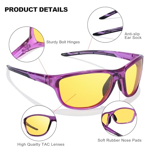 IGnaef Women Wrap-Around Night Vision Glasses Polarized Yellow Lenses - Reduce Glare & Enhance Contrast IF81503