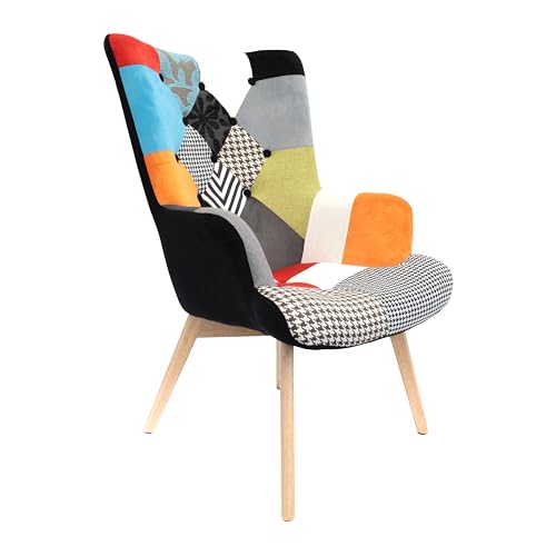HOME DECO FACTORY, Poltrona da Soggiorno in Stile Scandinavo, Tessuto Patchwork, Piedini Inclinati in Legno di Gomma, Forme Arrotondate, Schienale Alto, Arancione, 66x99,5x72 cm