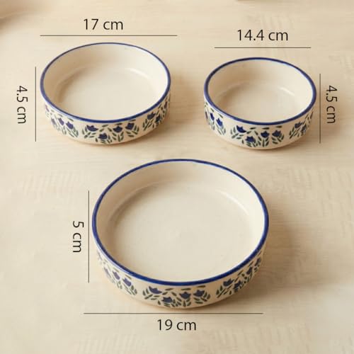 Image of The Earth Store Floral Blue Ceramic Platters Set of 3 (7 Inch Each, Different Sizes) - Microwave & Dishwasher Safe Serving Platters for Snacks, Desserts & More