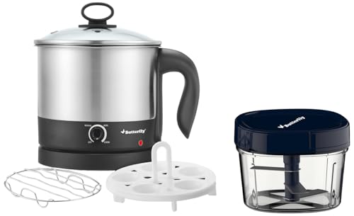 Image of Butterfly Stainless Steel Matchless Multi Kettle 1.2 Liter - With Egg Rack + Ss Rack, 600 Watts & Butterfly Premium Plastic Vegetable Chopper 600 ml Blue