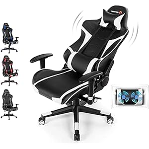 Massage Gaming Chair, High Back Office Computer Chair with Headrest and Lumbar Support, Racing Style Reclining Swiveling Game Chair for Home Office (White)