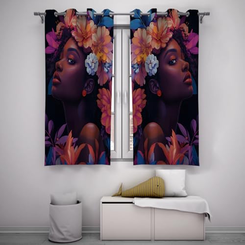 Contemporary Pop Art Inspired Blackout Thermal Curtains Featuring African American Woman with Floral Headdress – Eyelet Room Dividers for Studio or Bedroom (Each W52xL54in) - Image 2