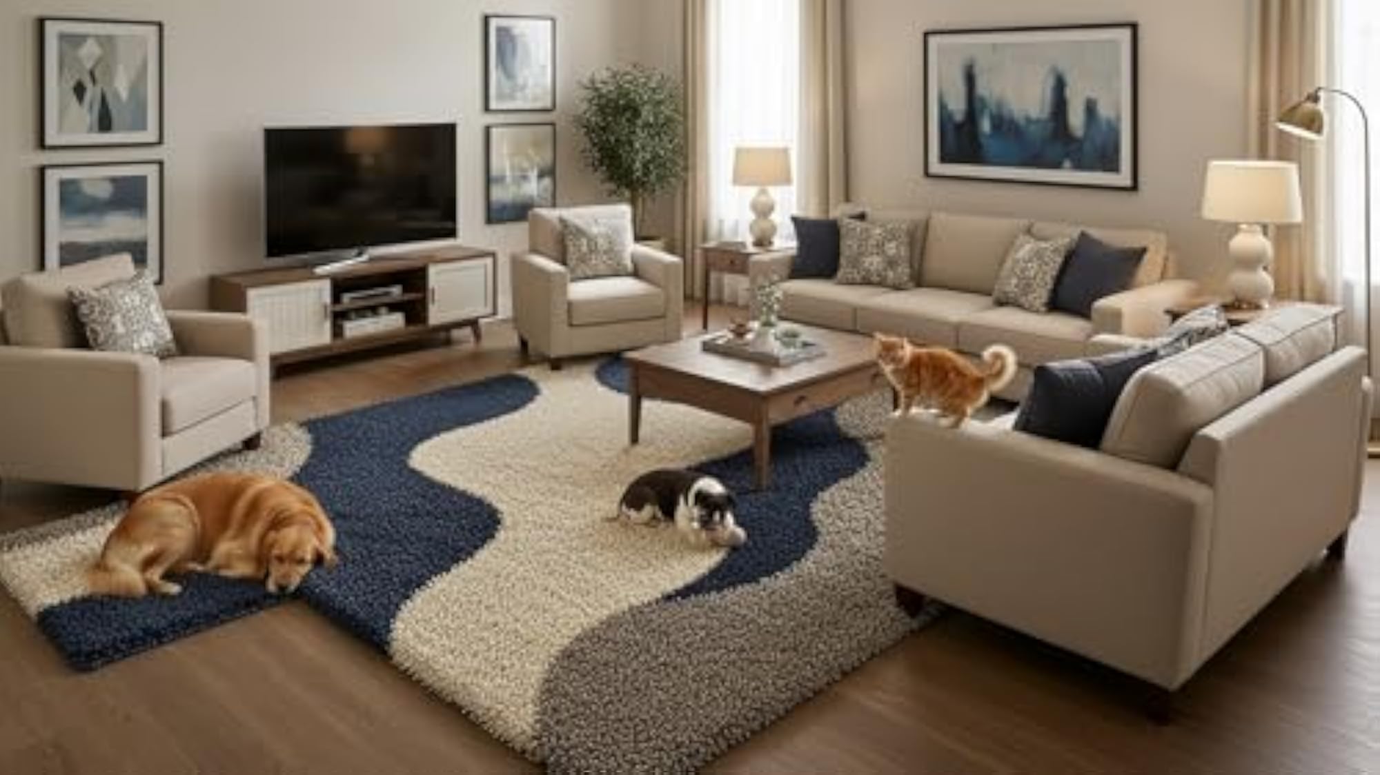 Modern Navy Blue & Grey Wave Shag Rug, Soft Plush Carpet