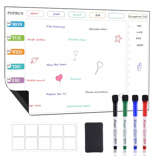 POPRUN Magnetic Family Weekly Planner Whiteboard for Fridge A3 Chore Board