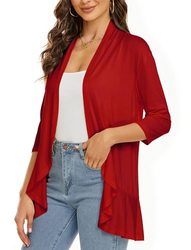 Image of YnimioAOX Women's Cardigan Lightweight Open Front 3 /4 Sleeves Draped Ruffles Knit Cardigan Sweaters