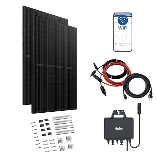 Haier 880 W Balkonkraftwerk mit Fassade- und Zaunhalterung, 600 W / 800 W Stecker-Solaranlage mit 2x 440 W Modulen und Wechselrichter, 5 m Kabel, WiFi