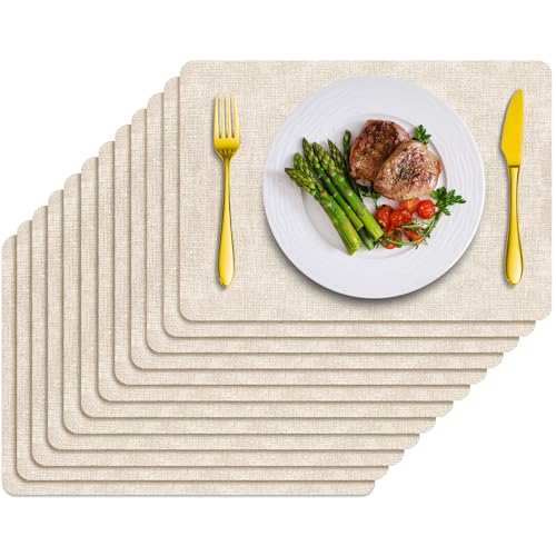 Placemats Set of 12 Washable, Heat Resistant Table Placemats Wipeable Faux Leather Place Mats Non Slip, Waterproof Square Table Mats for Indoor Outdoor, Beige
