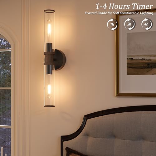 Image of Rayogale Black & Walnut Wireless Battery Operated Wall Sconces with Remote | Glass Rechargeable Wall Lights Set of 2 with Timer Function Dimmable for Living Room Bedroom Emergency 3000K, 20.5 Inch