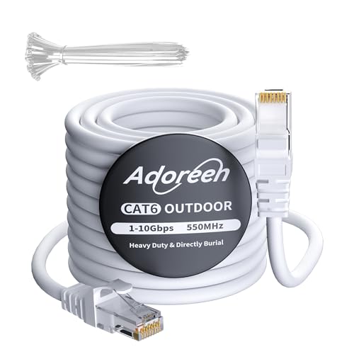 Image of Adoreen Cat 6 Outdoor Ethernet Cable 75 Ft White, High Speed Heavy Duty Long Internet Network Cable for POE Camera Cat 5 5e RJ45 LAN Patch Cable Cord, Sturdy Waterproof Direct Burial+25 Ties