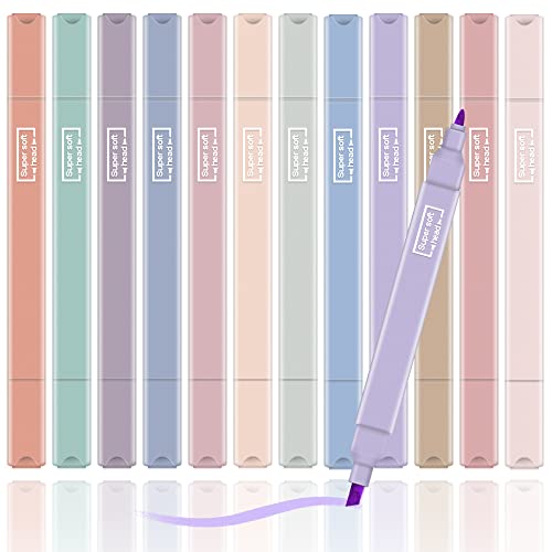 12PCS Highlighters Aesthetic Pastel Cute Highlighter With Soft Chisel Tip, Double-ended Bible Highlighters and Pens No Bleed, Quick Dry Neutral Aesthetic Colors Markers, Kawaii Highlighter Set (Set C)