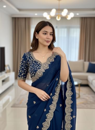 Image of Yashika Women Vichitra Silk Saree with Embroidered Border| Sarees Bollywood Sari | New Sarees | Saree Blouse| Designer Saree (AZ-YS-OG-LADYQUEEN-Parent)