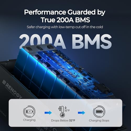 Image of Renogy 12V 200Ah Bluetooth Lifepo4 Battery, Bulit in 200A BMS Lithium Deep Cycle Battery, 400A Peak Power Surge for Off Grid Life, Backup Power for RV, Camping, Cabin, Marine