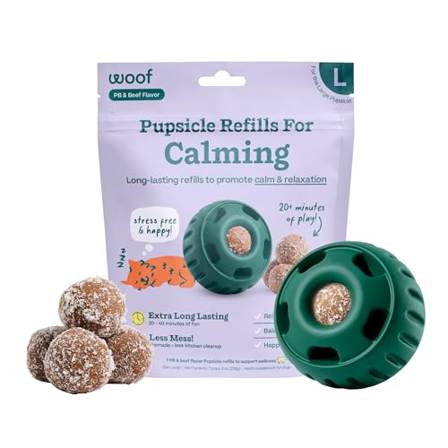 WOOF Pupsicle Calming Starter Kit – Pupsicle and Calming Pops Bundle – Long-Lasting Interactive Dog Toy – 10 Refills with Thiamine, Tryptophan, Passion Flower for Medium and Large Dogs 25-75 lbs
