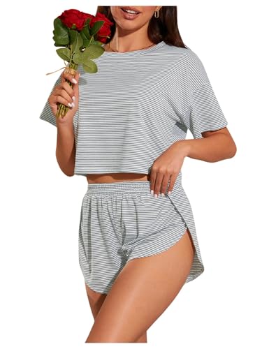 Image of OYOANGLE Womens Pajama Sets 2 Piece Sexy Lounge Sets Summer Cute Pjs Striped Print Tee and Side Split Shorts Set