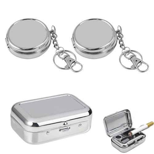 Portable Pocket Ashtray, 3 PCS Mini Metal Travel Cigarette Ashtray, Rectangular Round Pocket ashtray for Car Travelling Camping Smoking Indoors Outdoors(Silver)